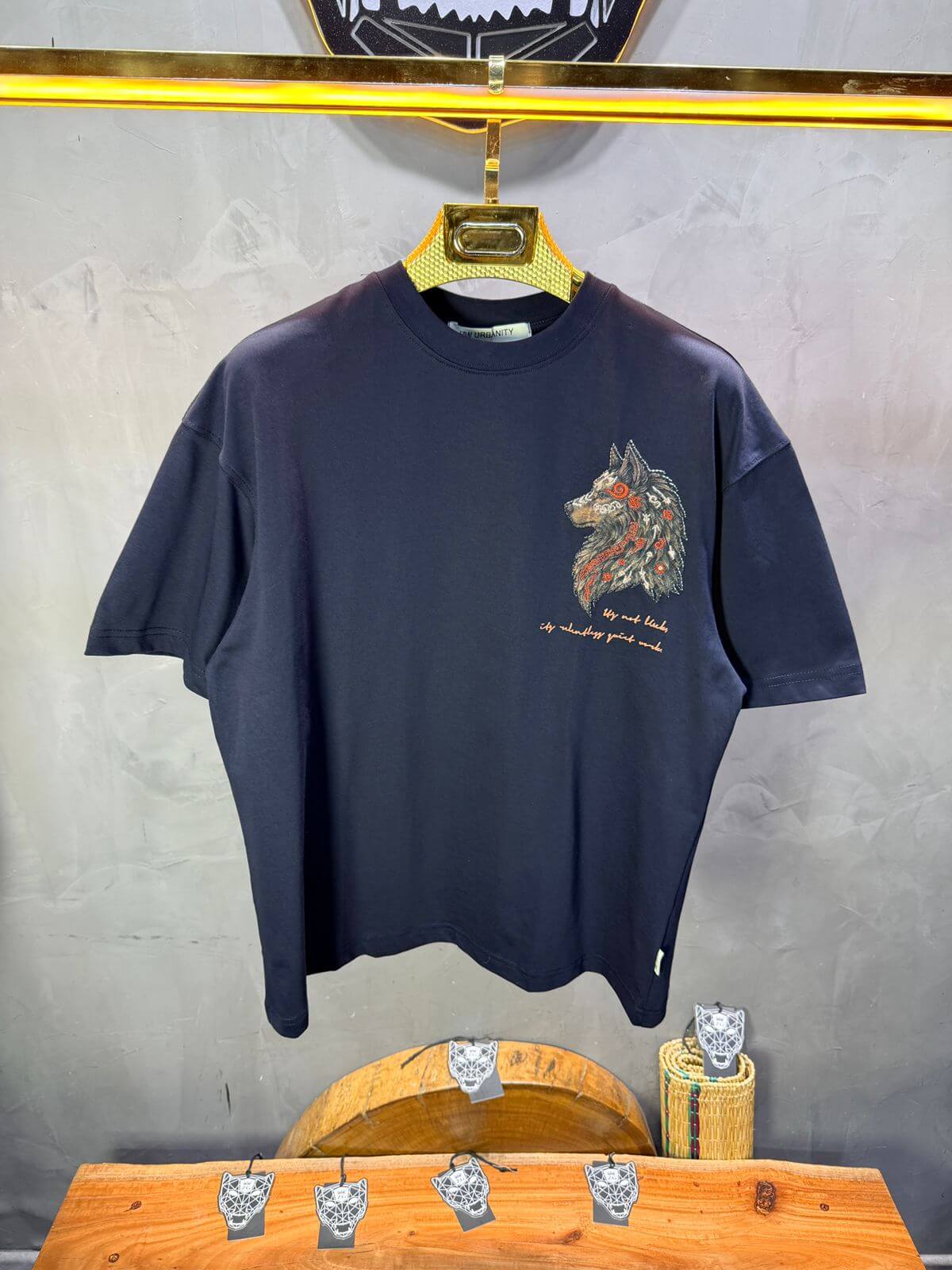 T-Shirt Oversize Navy Blue — Loup Brodé 3D 5158