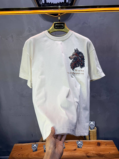 T-Shirt Oversize Beige — Loup Brodé 3D 5158