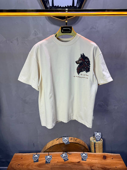 T-Shirt Oversize Beige — Loup Brodé 3D 5158