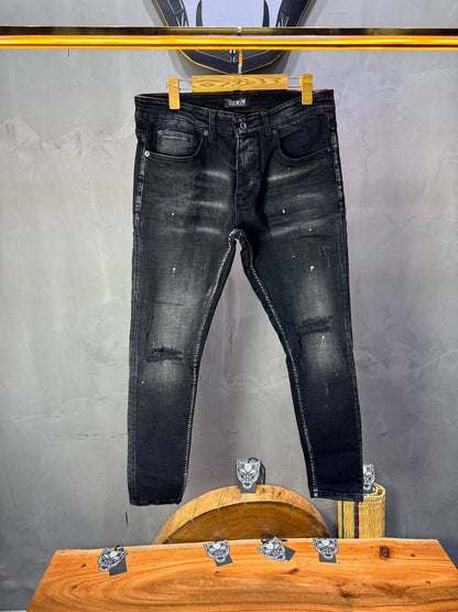 Jean Slim Noir Destroyed — Rips & Paint Splatter Premium 003