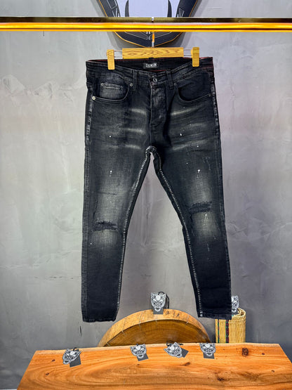 Jean Slim Noir Destroyed — Rips & Paint Splatter Premium 003