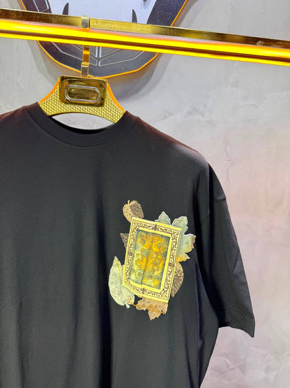 T-Shirt Floral Baroque Feuilles Dorées — Noir 5087