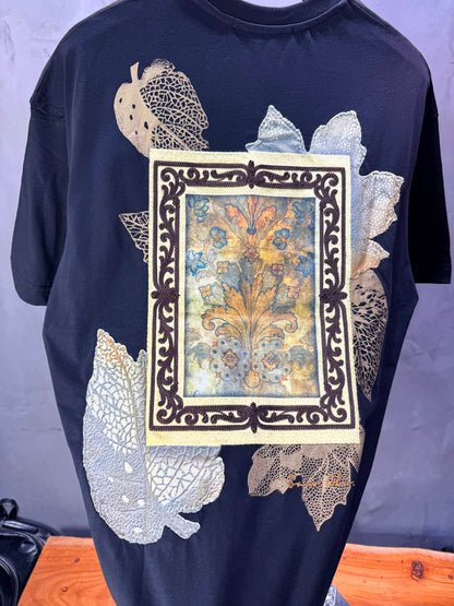 T-Shirt Floral Baroque Feuilles Dorées — Noir 5087