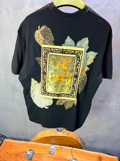 T-Shirt Floral Baroque Feuilles Dorées — Noir 5087