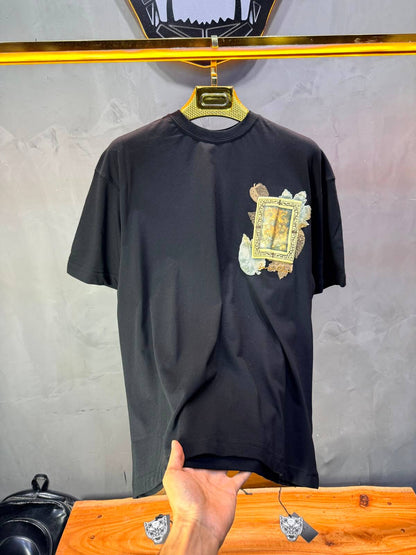 T-Shirt Floral Baroque Feuilles Dorées — Noir 5087