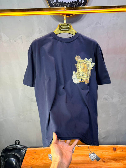 T-Shirt Floral Baroque Feuilles Dorées — Navy Blue 5087