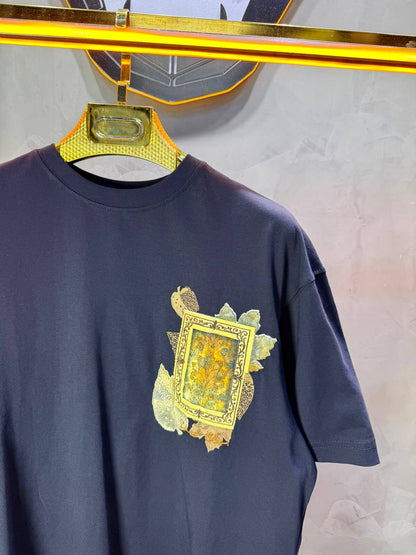 T-Shirt Floral Baroque Feuilles Dorées — Navy Blue 5087
