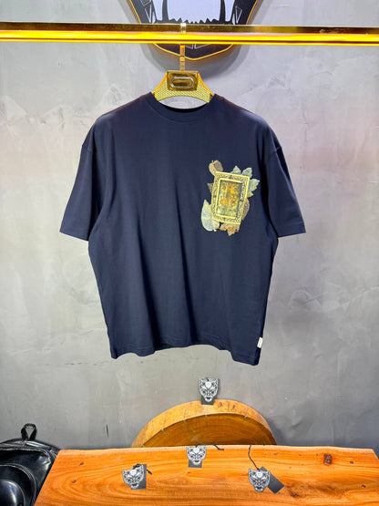 T-Shirt Floral Baroque Feuilles Dorées — Navy Blue 5087