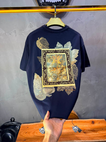 T-Shirt Floral Baroque Feuilles Dorées — Navy Blue 5087