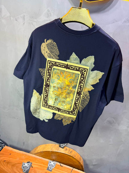 T-Shirt Floral Baroque Feuilles Dorées — Navy Blue 5087