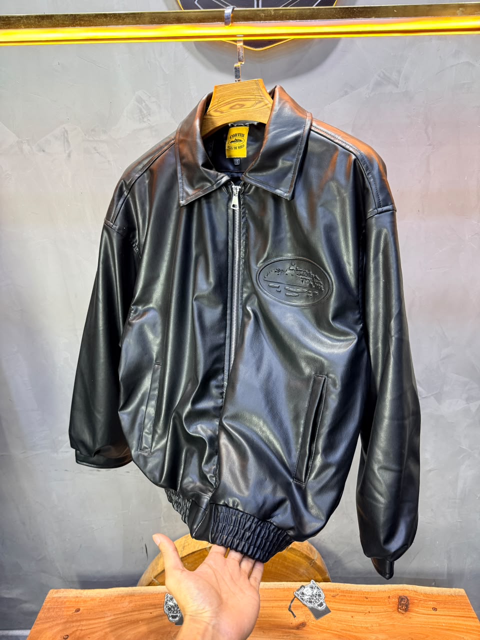 Veste oversize homme noire effet cuir doublée