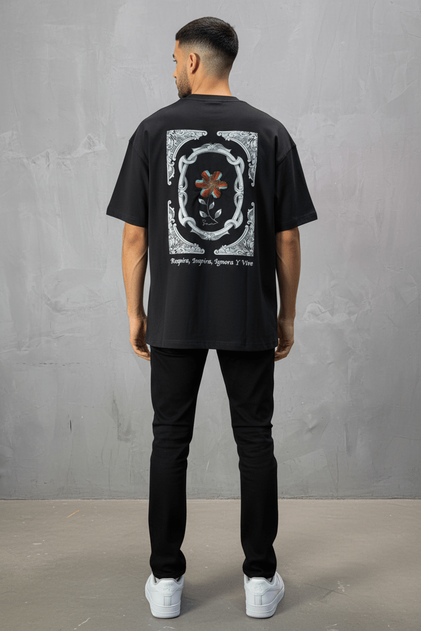 T-Shirt Oversize noir Broderie Fleur Baroque Blanc Premium 5090 - ZG PREMIUM