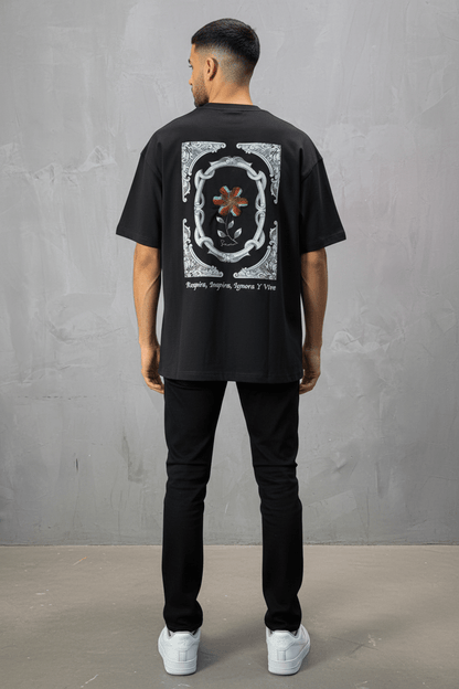 T-Shirt Oversize noir Broderie Fleur Baroque Blanc Premium 5090 - ZG PREMIUM