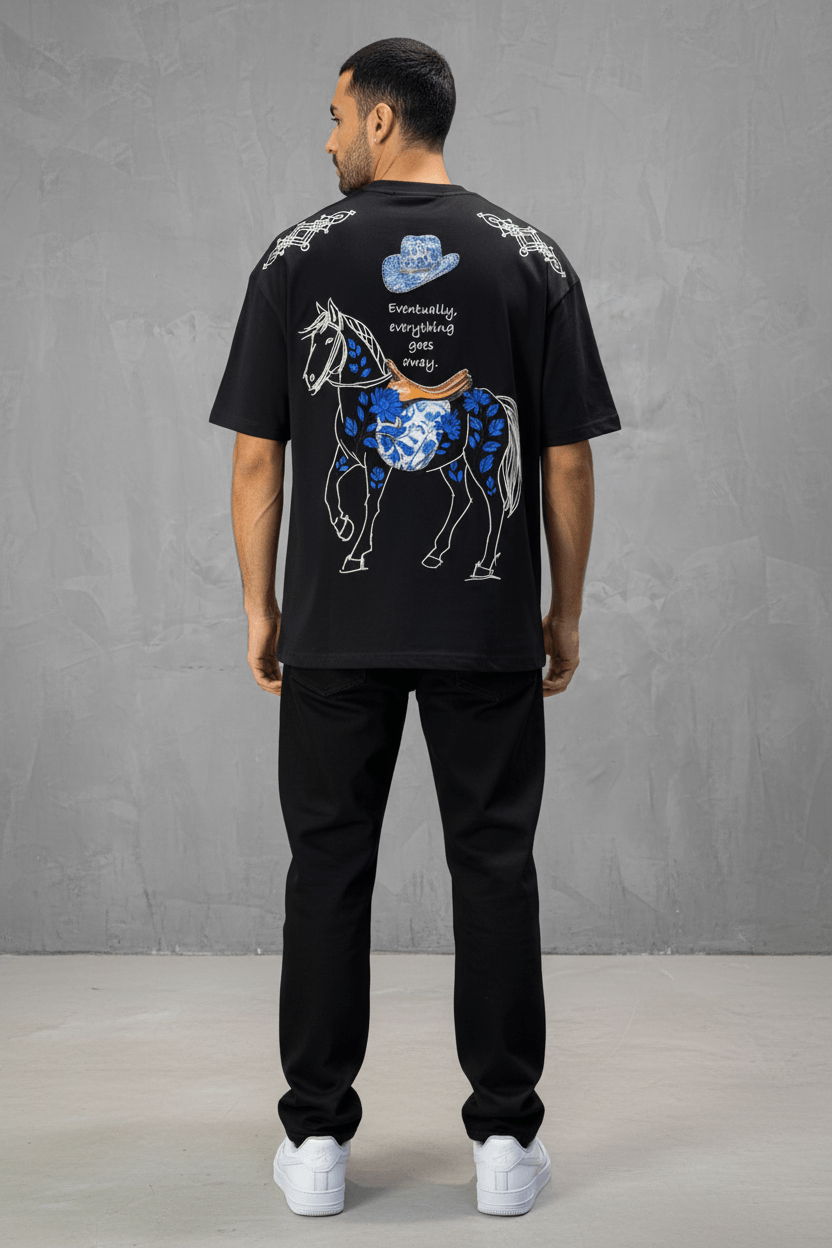 T-Shirt Noir Oversize Broderie Cheval 5054