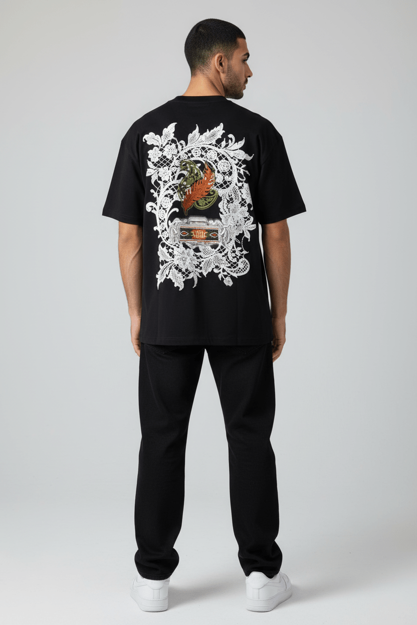 T-Shirt noir Oversize Broderie Dentelle Florale Luxe 5111 - ZG PREMIUM