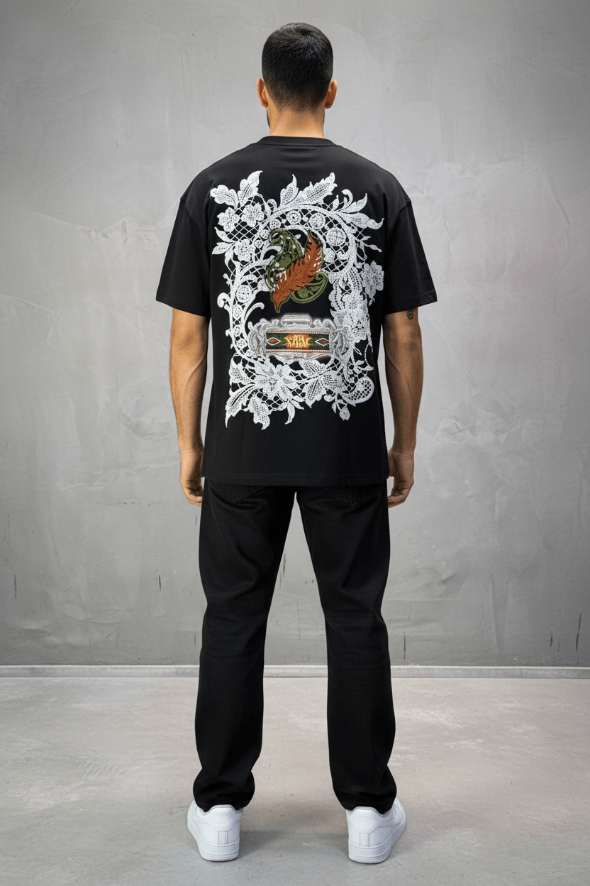 T-Shirt noir Oversize Broderie Dentelle Florale Luxe 5111 - ZG PREMIUM