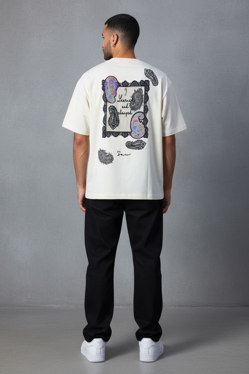 T-Shirt Oversize Beige Paisley "I Learned and Changed" 5109