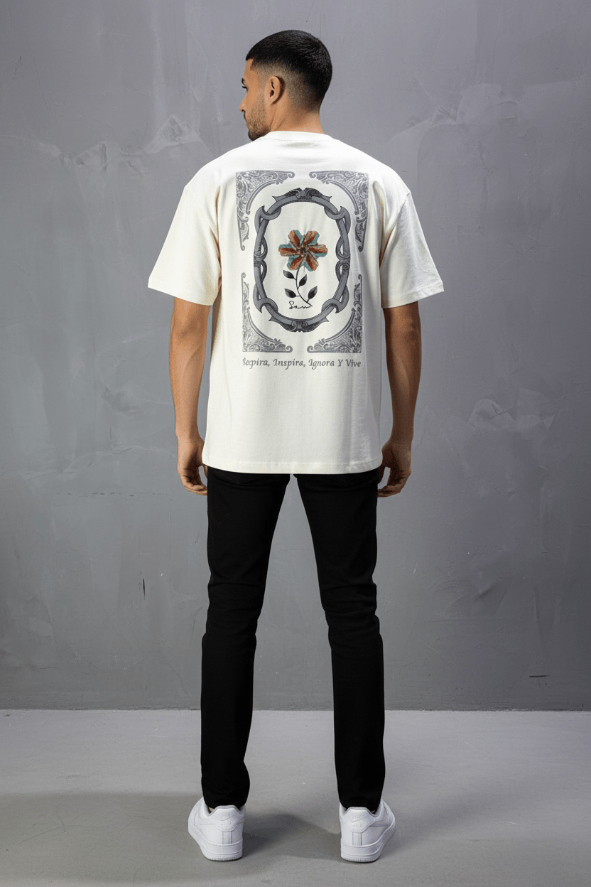 T-Shirt Oversize beige Broderie Fleur Baroque Blanc Premium 5090 - ZG PREMIUM