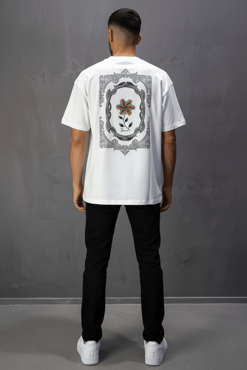 T-Shirt Oversize blanc Broderie Fleur Baroque Blanc Premium 5090 - ZG PREMIUM