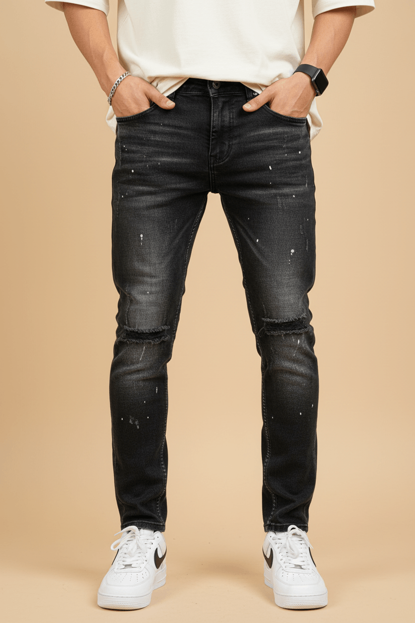 Jean Slim Noir Destroyed — Rips & Paint Splatter Premium 003
