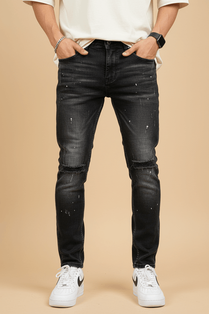 Jean Slim Noir Destroyed — Rips & Paint Splatter Premium 003