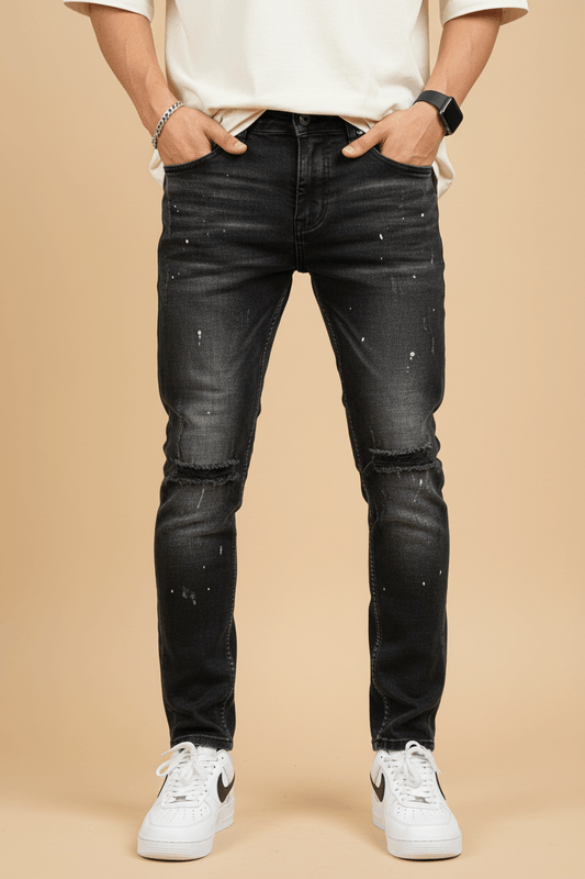 Jean Slim Noir Destroyed — Rips & Paint Splatter Premium 003