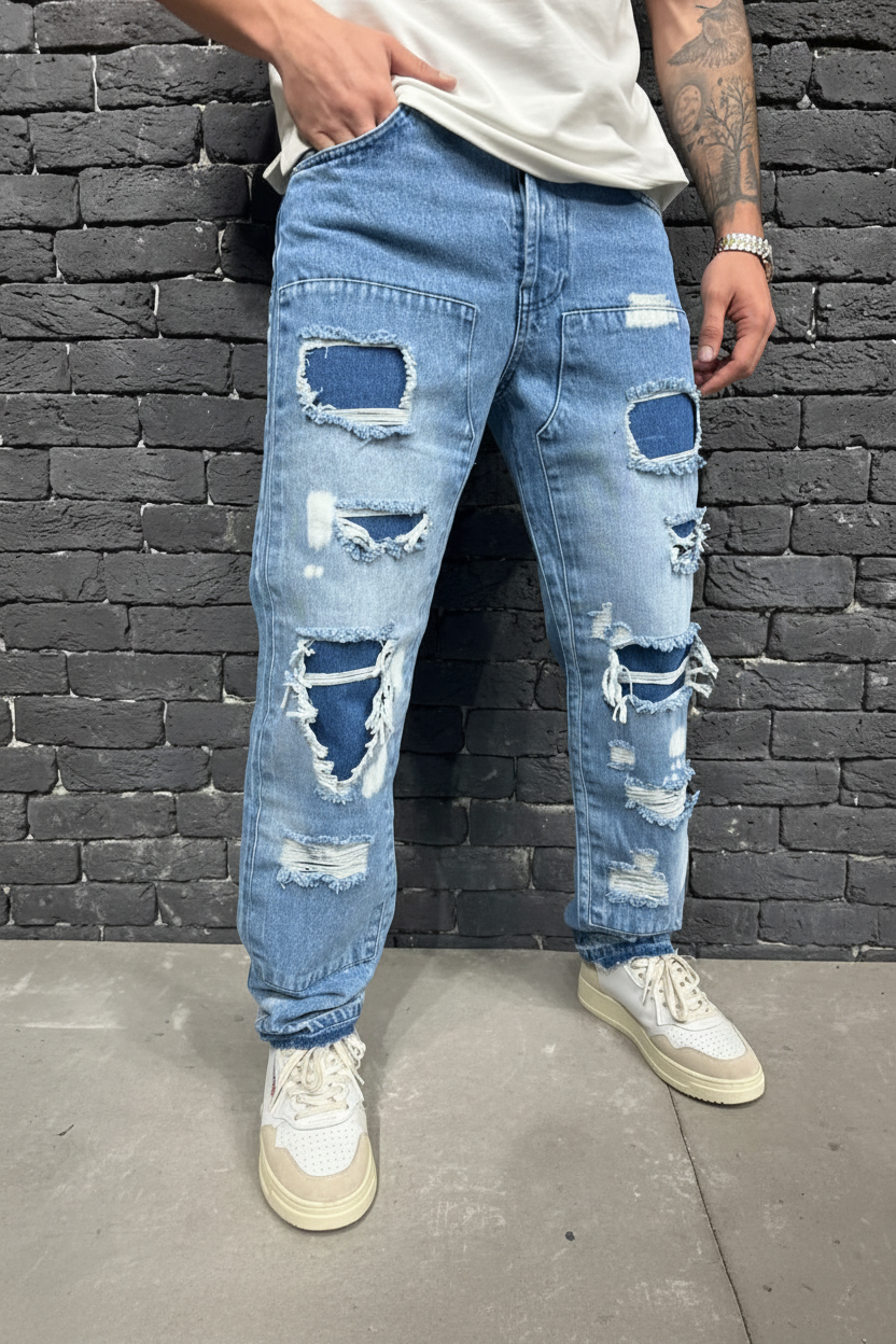 Jean Baggy Blue Patchwork — B8783