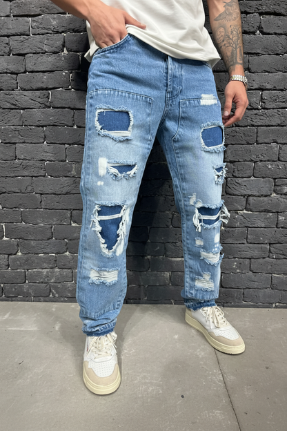 Jean Baggy Blue Patchwork — B8783