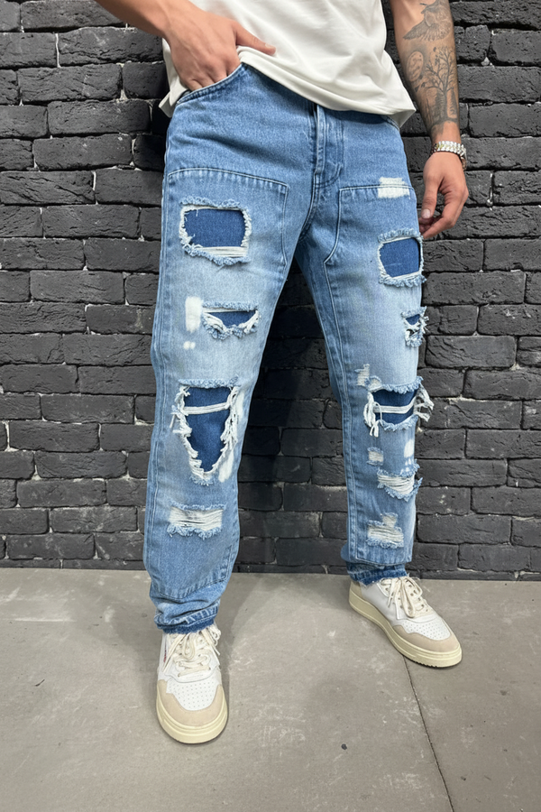 Jean Baggy Blue Patchwork — B8783