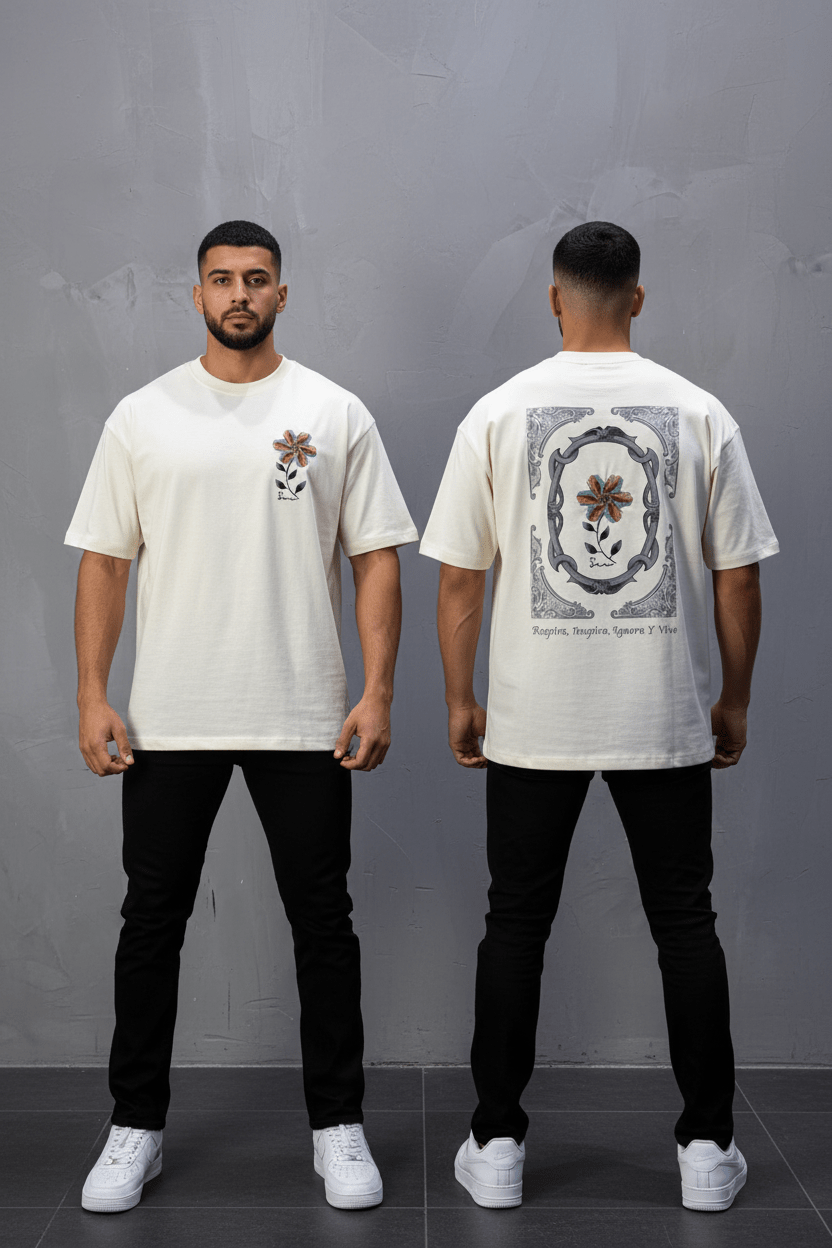 T-Shirt Oversize beige Broderie Fleur Baroque Blanc Premium 5090 - ZG PREMIUM