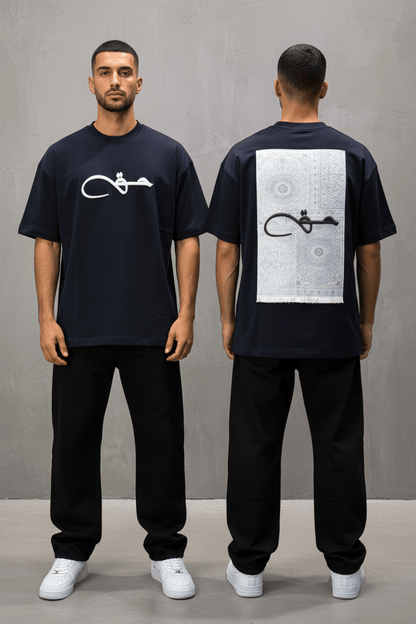 T-Shirt Oversize Navy Blue Broderie Calligraphie "حق" Arabe 5052