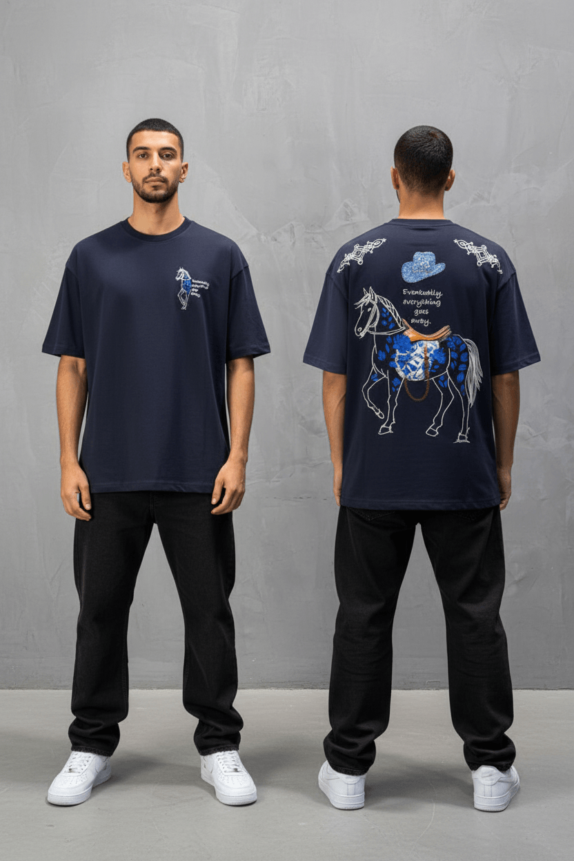 T-Shirt Navy Blue Oversize Broderie Cheval 5054