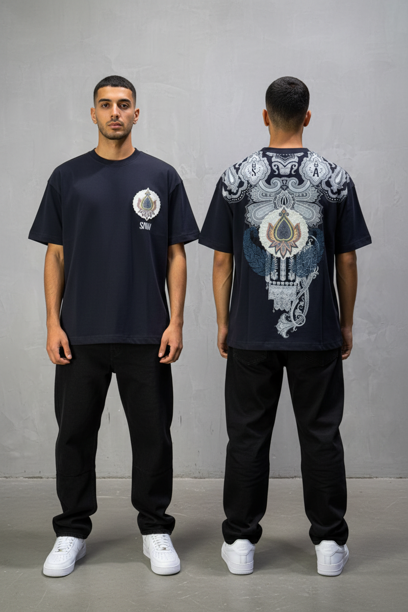 T-Shirt Navy blue Oversize Broderie Paisley Baroque SAW 5112