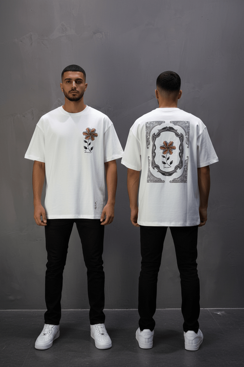 T-Shirt Oversize blanc Broderie Fleur Baroque Blanc Premium 5090 - ZG PREMIUM