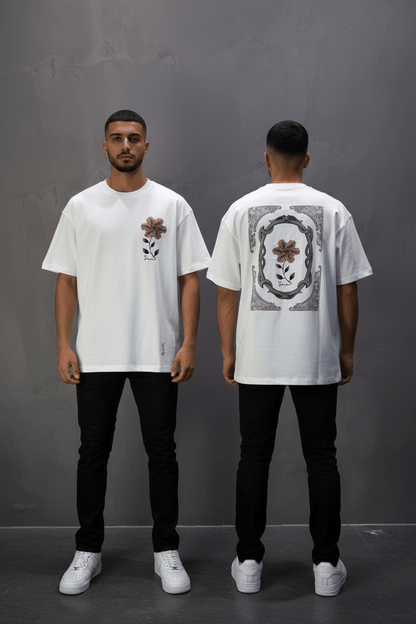 T-Shirt Oversize blanc Broderie Fleur Baroque Blanc Premium 5090 - ZG PREMIUM