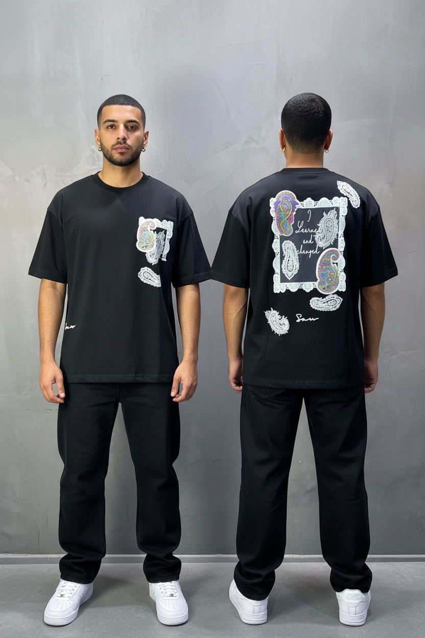T-Shirt Oversize Noir Paisley "I Learned and Changed" 5109