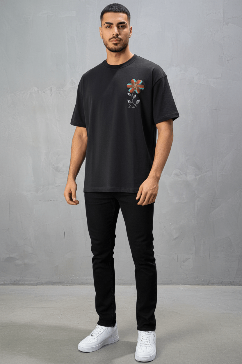 T-Shirt Oversize noir Broderie Fleur Baroque Blanc Premium 5090 - ZG PREMIUM