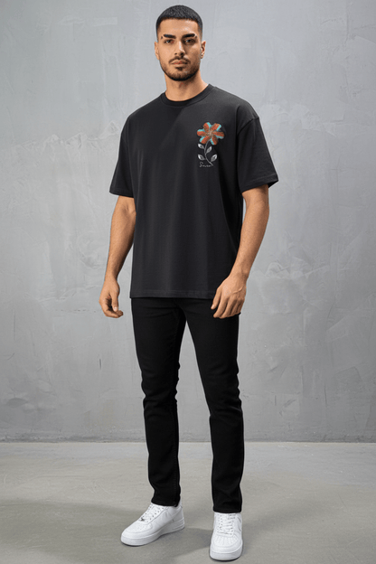 T-Shirt Oversize noir Broderie Fleur Baroque Blanc Premium 5090 - ZG PREMIUM