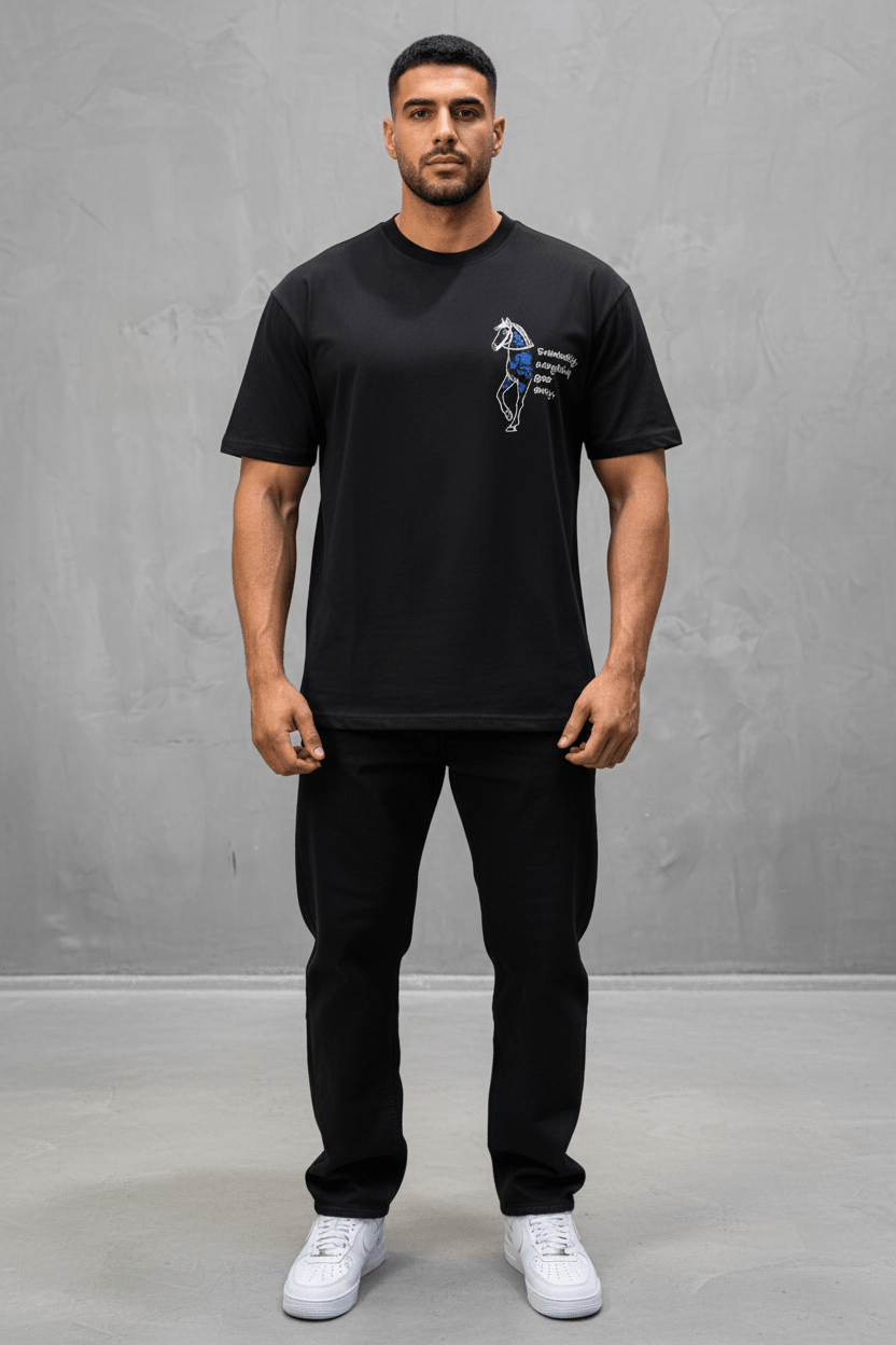 T-Shirt Noir Oversize Broderie Cheval 5054
