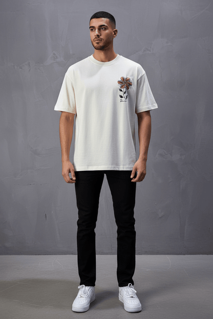 T-Shirt Oversize beige Broderie Fleur Baroque Blanc Premium 5090 - ZG PREMIUM