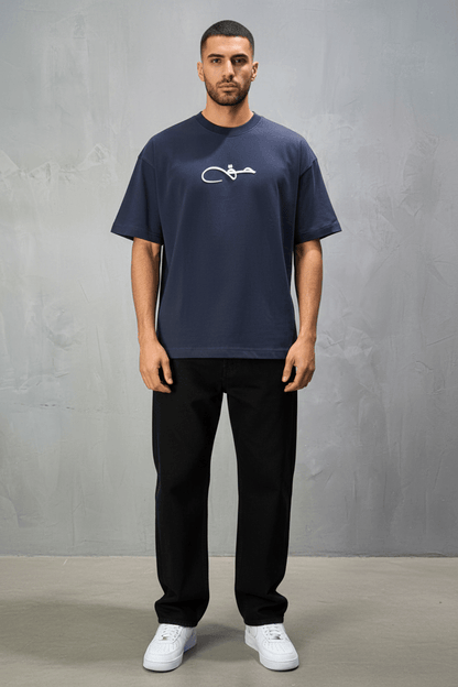T-Shirt Oversize Navy Blue Broderie Calligraphie "حق" Arabe 5052