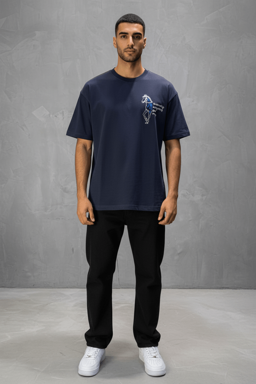 T-Shirt Navy Blue Oversize Broderie Cheval 5054