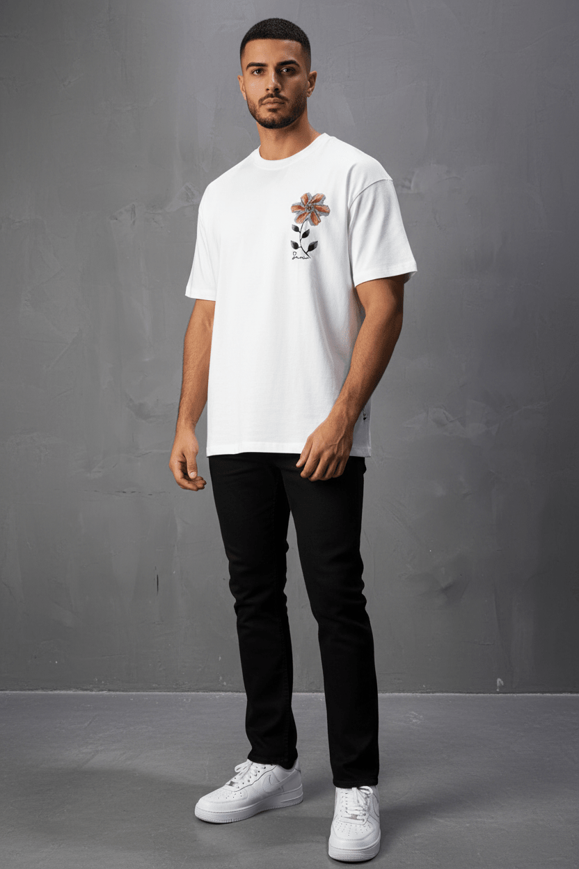 T-Shirt Oversize blanc Broderie Fleur Baroque Blanc Premium 5090 - ZG PREMIUM