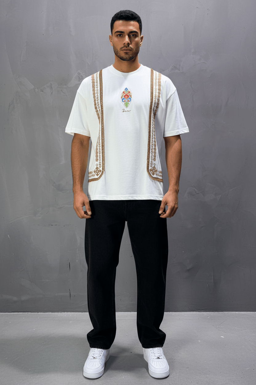 T-Shirt blanc Oversize Broderie Marocaine 5080 - ZG PREMIUM