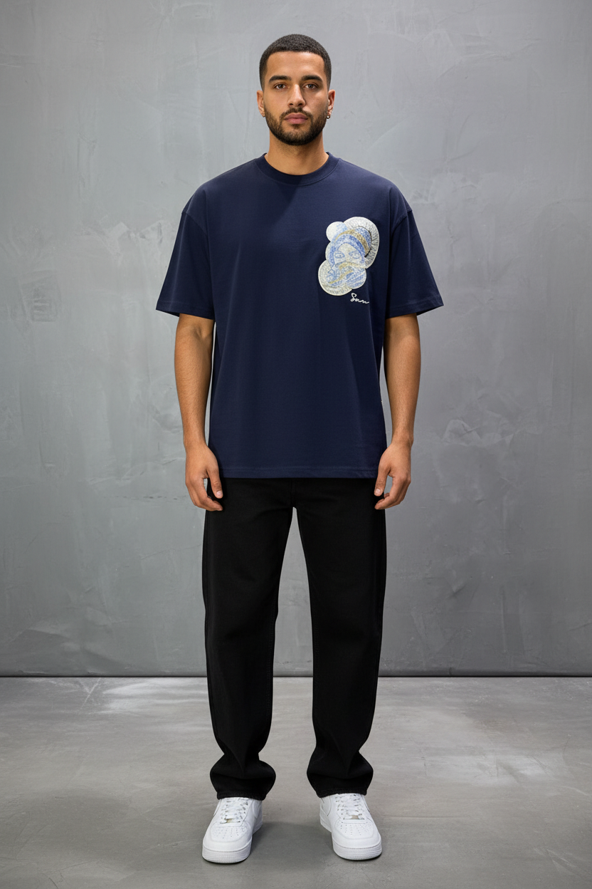 T-Shirt Oversize Navy Blue Brodé – Art Oriental 5108