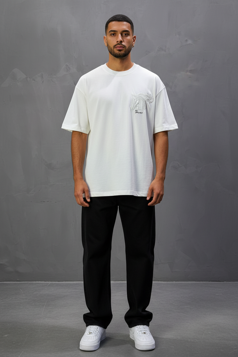 T-Shirt Oversize Blanc – Cheval Brodé 5124