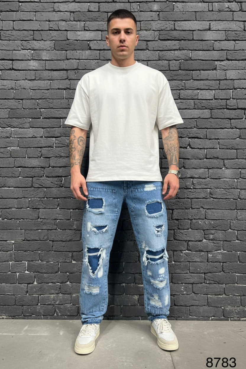 Jean Baggy Blue Patchwork — B8783