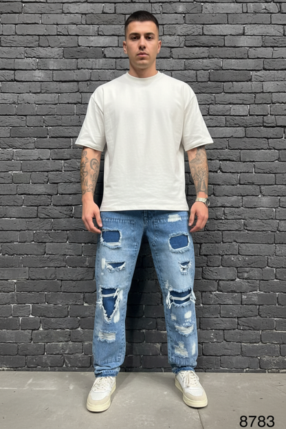 Jean Baggy Blue Patchwork — B8783