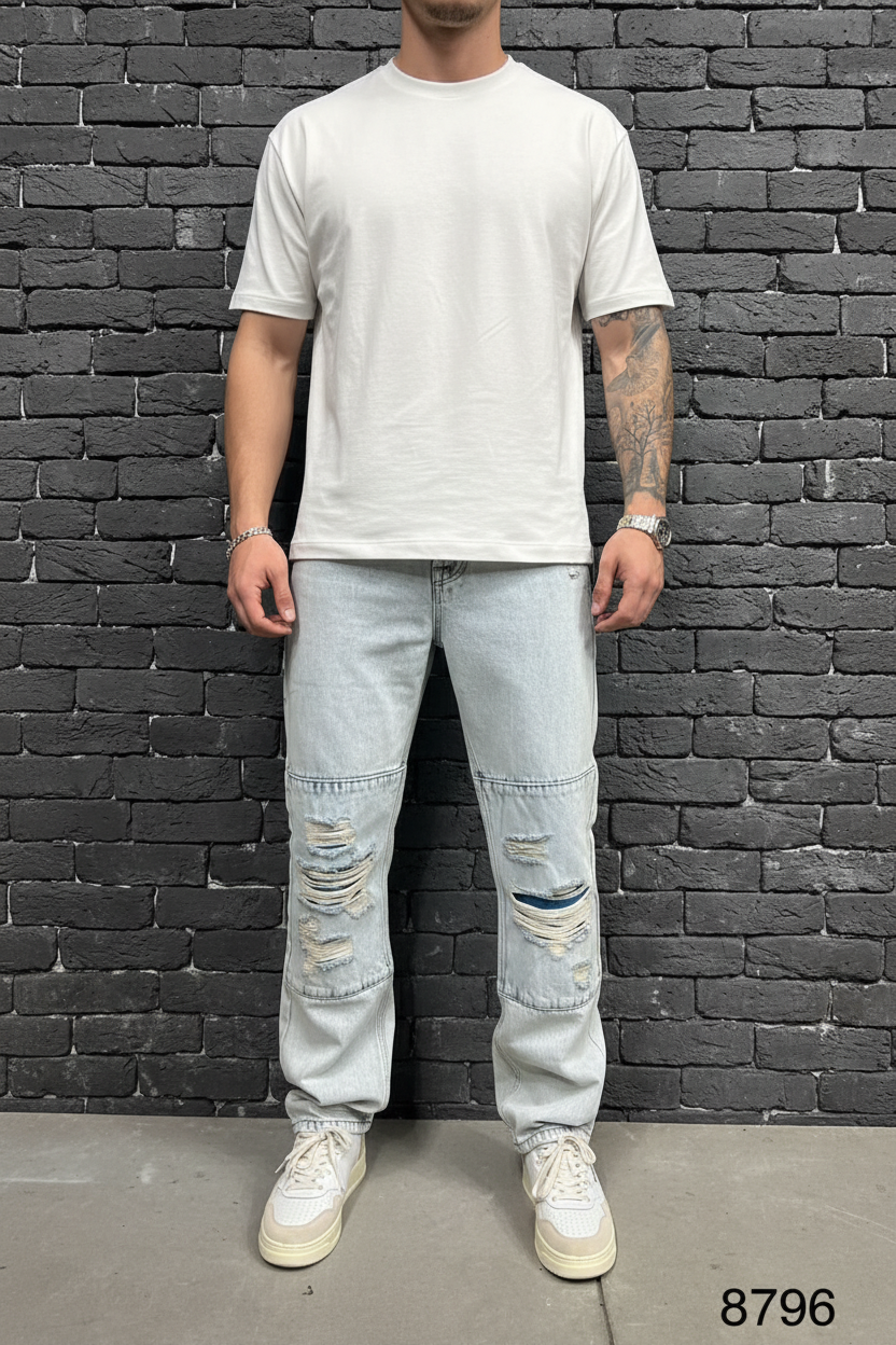 Jeans Baggy Bleu Glacé Destroyé Panneaux — B8796