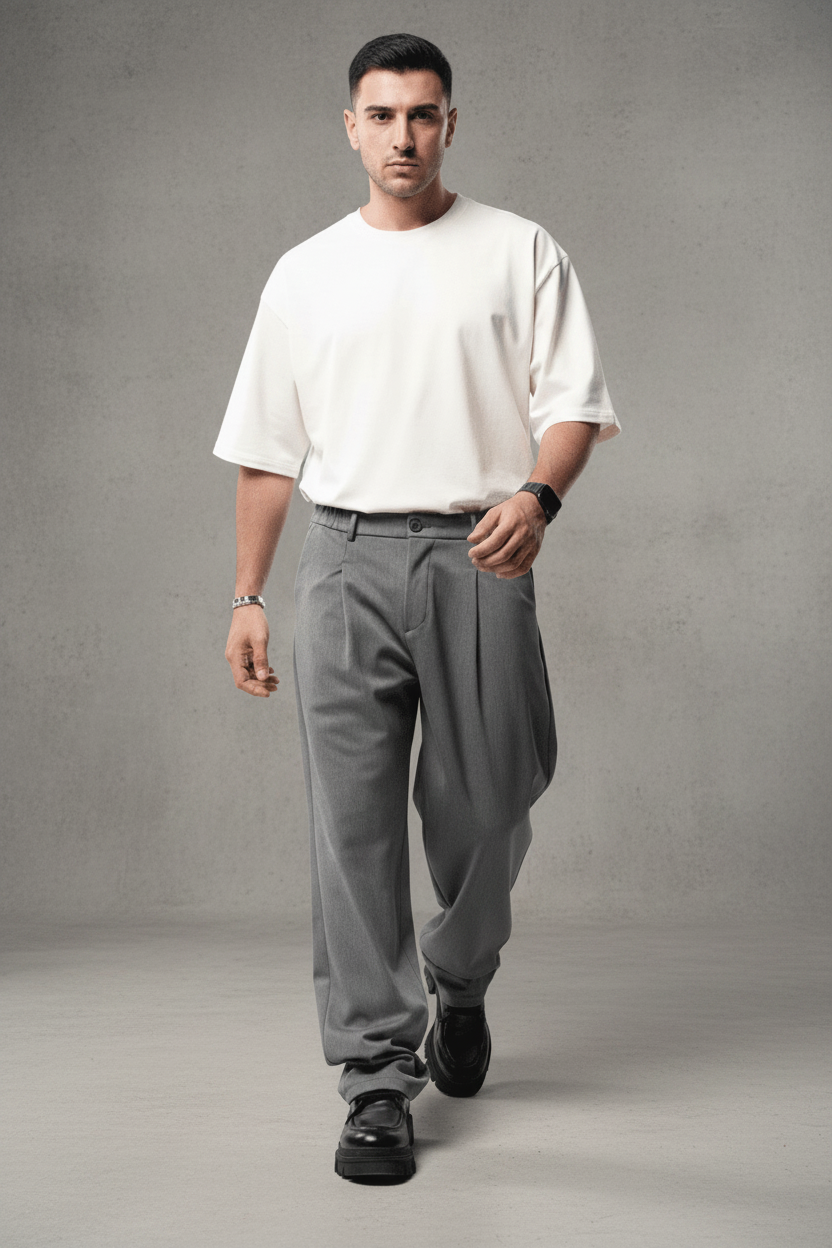 Pantalon Large Gris à Plis BGY1029